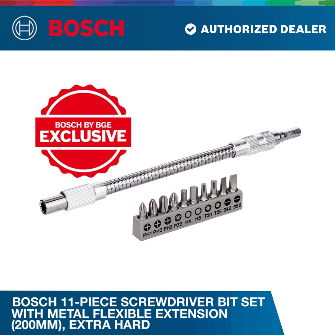 Bosch 11-piece screwdriver bit set with metal flexible extension (200mm), Extra Hard