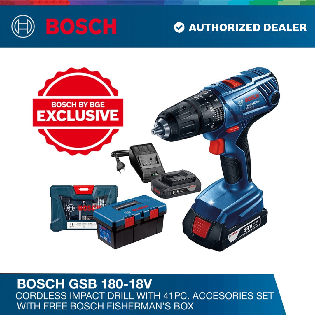 Bosch GSB 180-18V Cordless Impact Drill with 41pc. Accessories Set with Free Bosch Fisherman's Box