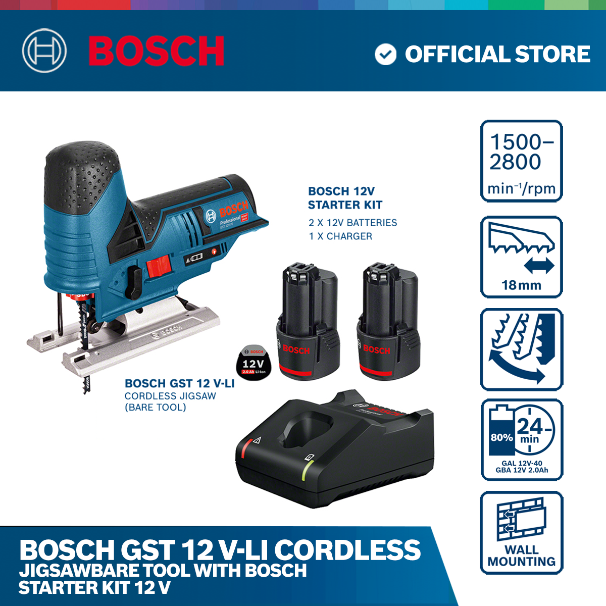 Bosch GST 12 V-Li Cordless JigsawBare tool with Bosch Starter Kit 12 V