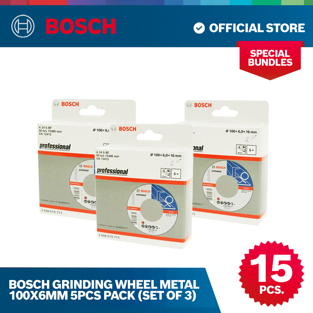 Bosch Grinding Wheel Metal 100x6mm-Set of 15 pcs