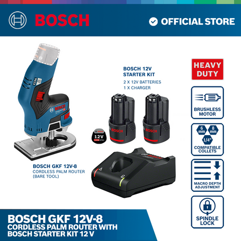 Bosch GKF 12V-8 Cordless Palm Router with Bosch Starter Kit 12 V